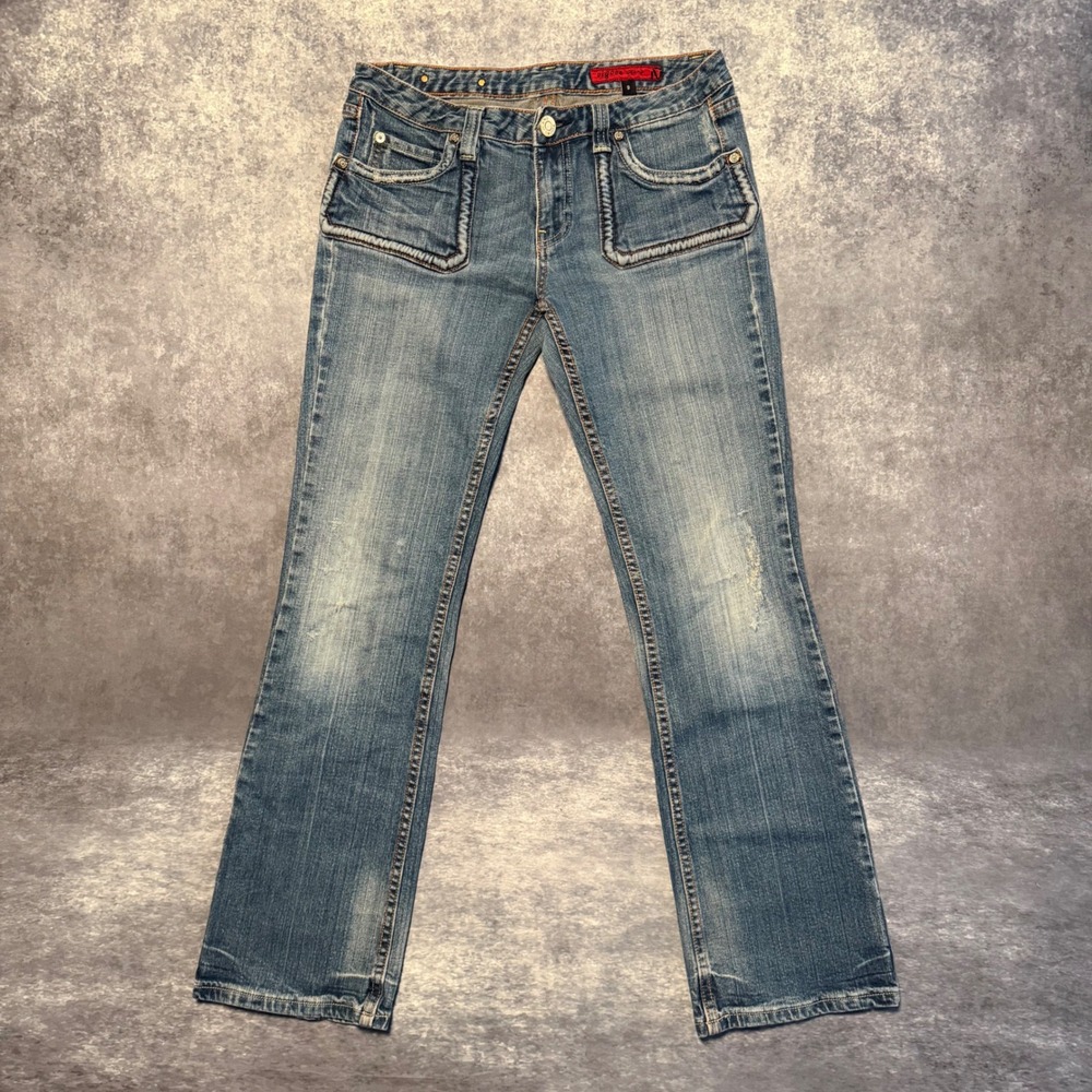 Vigoss Jeans Womens Size 9 Bootcut Distressed Low Rise Y2K Pockets Blue Denim
